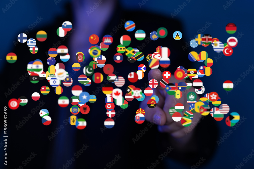 Poster Abstract image of a hand interacting with a network of flags representing global connection.