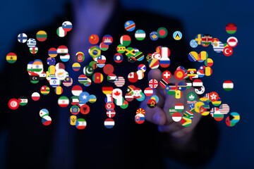 Abstract image of a hand interacting with a network of flags representing global connection.