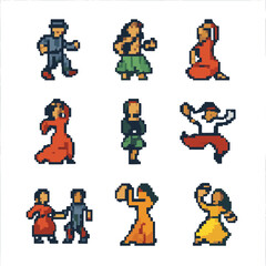 Folk Dance Icons. Pixel art icon set of folk and traditional dances: clog dance, hula dance, kathak pose, flamenco step, Irish jig