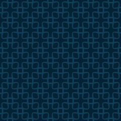 Abstract minimal geometric seamless pattern. Subtle dark blue vector ornament texture with curved shapes, lines, square grid, net, lattice, mesh. Minimal geo background. Repeated decorative design