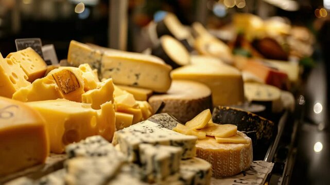 A vibrant selection of cheeses is lined up at a market, featuring an array of textures and colors. The lively atmosphere enhances the experience as people browse and sample different varieties