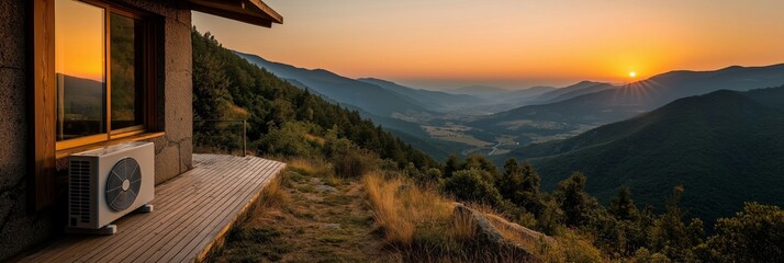 HVAC unit placed on wooden deck with mountain view during sunset, showcasing modern home comfort.