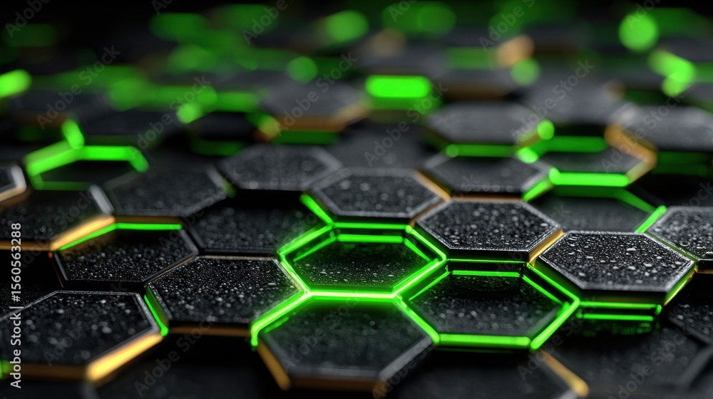 Poster abstract dark hexagon background with bright green glowing edges and some reflections
