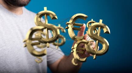 Hand interacting with 3D currency symbols, representing global finance and exchange.