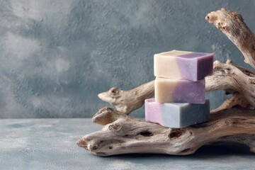 Natural Pastel Soap Stacked on Driftwood Against a Textured Background