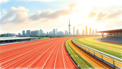 Wide race track and city suburb skyline on a sunny day in Shanghai,panoramic view, crayon drawing. White tone