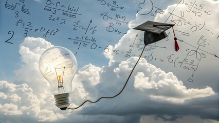 Illuminated Lightbulb, Graduation Cap, Equations:  Conceptual Education Stock Photo
