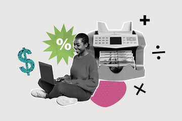 Trend artwork template design 3D collage sketch of young lady sit work laptop money count machine...