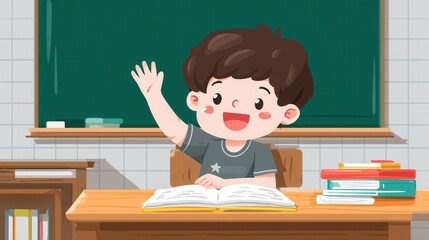 Cartoon child in classroom raising hand with book and blackboard
