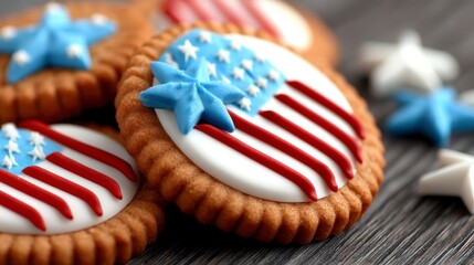 4th of July dessert. Decorative cookies featuring American flag designs and stars. Patriotic culinary creation ideal for independence day celebrations showcasing vibrant red white blue