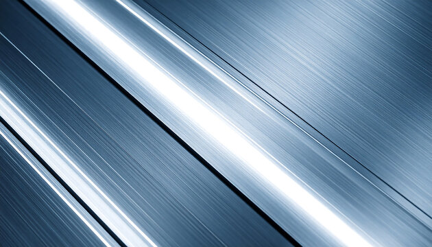 A macro shot of brushed metallic surface in cool silver-blue tones, featuring prominent parallel lines and strong light reflections.