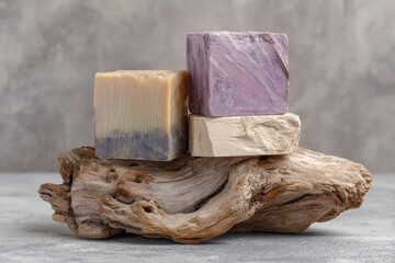 Natural Soap on Driftwood with Pastel Purple Tones and Texture