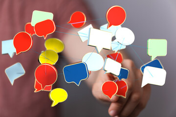 Abstract image of interconnected speech bubbles representing global communication and networking.