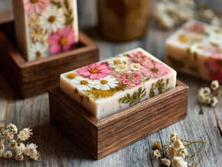 Natural Soap Mockup with Pressed Flowers on Wooden Tray