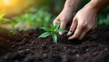Hands planting a young hemp seedling in dark soil