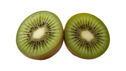 Fototapeta premium A vibrant cross-section of a kiwi fruit, showcasing its green flesh, white core, and black seeds against a clean white background