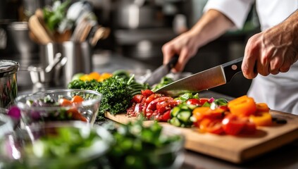 Chef meticulously chopping vegetables on a wooden board in a professional kitchen