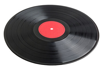 Black Vinyl Record with Bold Red Center Label Isolated on Transparent Background