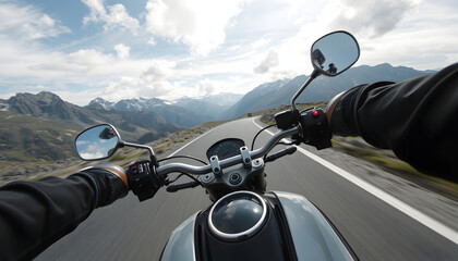 POV of motorbiker holding steering bar, riding in Alps, one line art. White tone