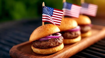 cheese burgers on tray with flags in 4th of july theme. Patriotic culinary display featuring delectable cheeseburgers arranged on a serving platter adorned with festive decorations