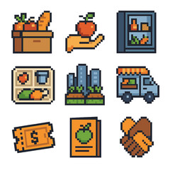 Food Distribution Icons. Pixel art icon set of food distribution equity: food bank box, donation hand, community fridge, school