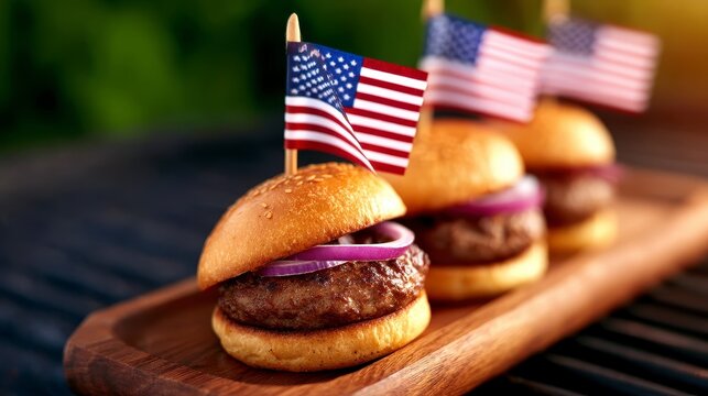 cheese burgers on tray with flags in 4th of july theme. Patriotic culinary display featuring delectable cheeseburgers arranged on a serving platter adorned with festive decorations