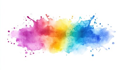 Abstract watercolor splatter. Vibrant colors blend in a horizontal swath against a white background