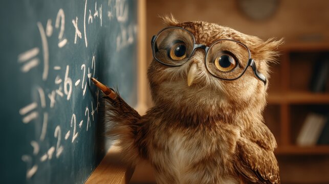 Cartoon owl solving math equations in classroom scene