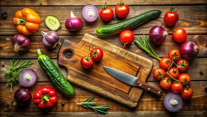 Rustic wooden surface displaying an arrangement of fresh vegetables including tomatoes, cucumbers, onions, peppers, and herbs, alongside a wooden cutting board and knife.