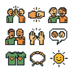 Friendship Pixel Icons. Pixel art icon set of friendship moments: high-five, fist bump, shared laugh, arm around shoulder,