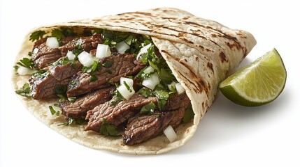 Delicious taco filled with grilled meat, cilantro, onion, & a lime wedge on white