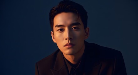 Fototapeta premium Portrait of a Young Man with Dark Hair and Intense Gaze