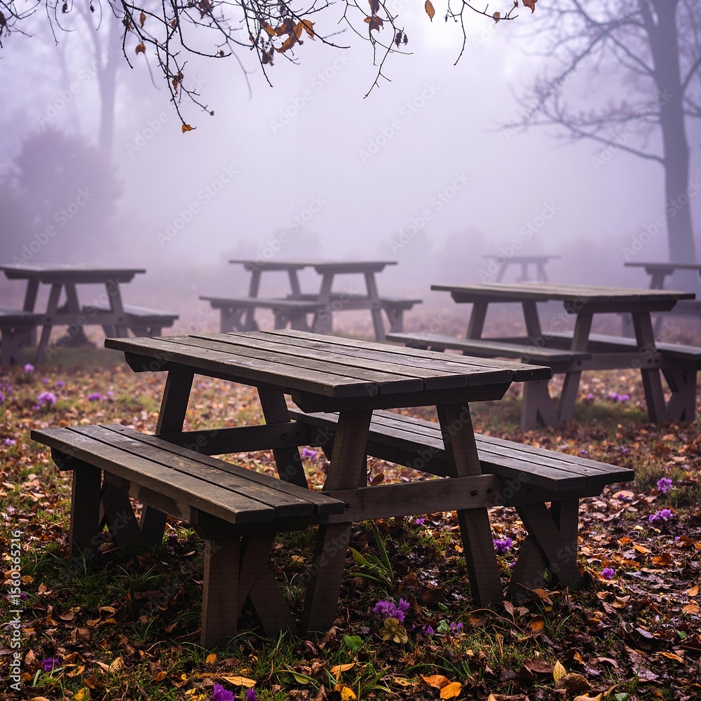 Poster a serene scene featuring a row of rustic wooden picnic tables shrouded in thick, ethereal fog, creat