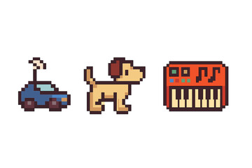Fototapeta premium Retro pixel art: car, dog, and synthesizer icons vector icon isolated illustration