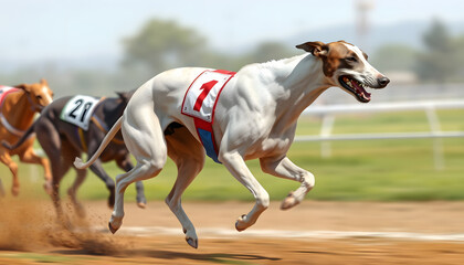 Light colored Greyhound racing wearing number one, digital art. White tone