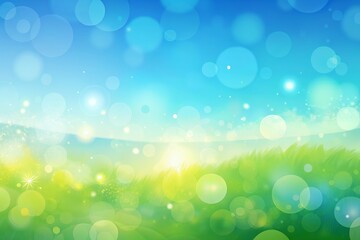 Obraz premium Vibrant green grassy meadow under a bright blue sky with soft bokeh lights and sparkling sunbeams creating a magical atmosphere