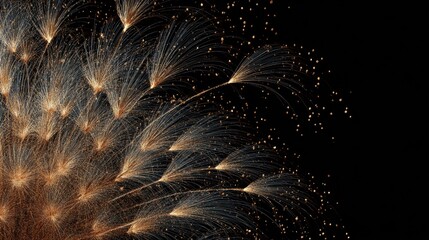 Golden fireworks display in the night sky illuminates the darkness with celebratory lights
