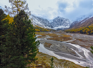 Drone view the Aktru Valley in Altai Mountains in Siberia, Altai Republic, Russia