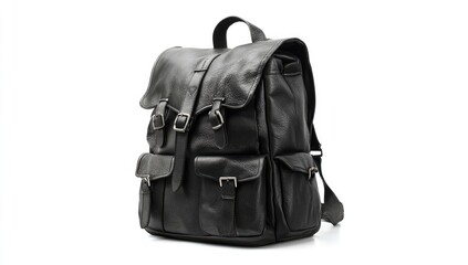 Naklejka premium Black leather backpack with multiple pockets