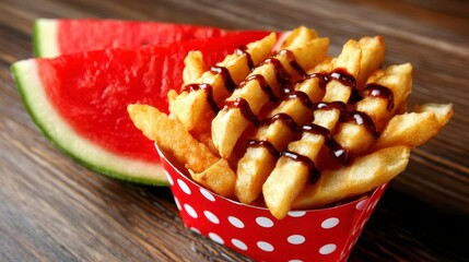 Table with food for USA 4th July Independence Day. Fourth July party or picnic food with fast food with watermelon funny food mix. Patriotic culinary spread for a july celebration