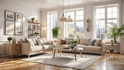 Fototapeta premium Sunlight streams into a bright and airy living room, illuminating a stylish beige sofa and complementing the minimalist decor and potted plants
