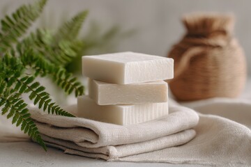 Natural Soap Bars on Linen with Fern Decor for Relaxing Ambiance