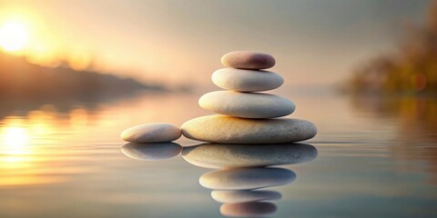 Serene stones balanced on tranquil water reflecting the sunset's golden glow, a symbol of peace and harmony