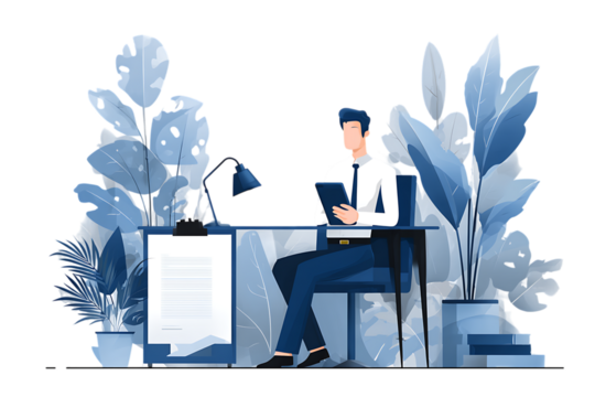 Businessman working at desk with plants - Powered by Adobe