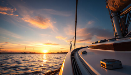 closeup of  the bow of sailing boat at the harbor during sunset, dramatic. White tone