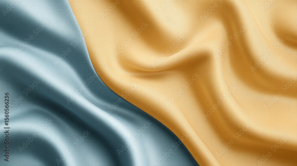 Poster elegant flowing fabric with blue and golden shades smooth textures capture light and shadow in flowi