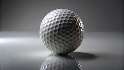 A single golf ball rests on a reflective surface, its dimpled texture highlighted by subtle lighting, creating a study in form and texture.