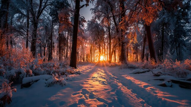 Glistening sunset paints the snow covered trees and ground of a peaceful winter wonderland in the forest - Powered by Adobe