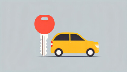 Minimalist composition featuring a black car and key silhouette with a bold red arrow. Concept of car purchase, security, or direction.