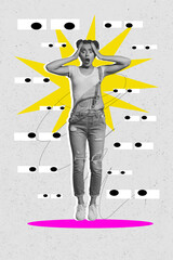 Sketch composite 3D photo collage trend artwork of young lady shocked impressed stand emotion face...